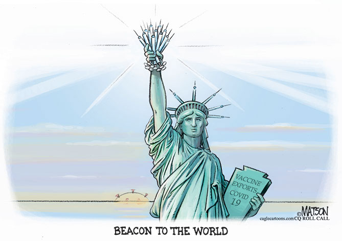 Enlargeable cartoon of Statue of Liberty holding vaccine needles like a torch