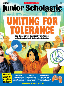 Cover: illustration of people holding up signs and megaphones with the text "Uniting for Tolerance"