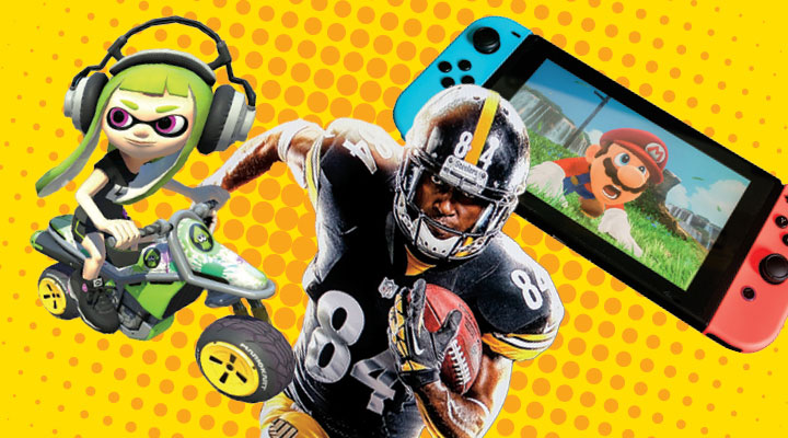 A collage of a football player, a character with green hair on a motorcycle, and a Nintendo Switch