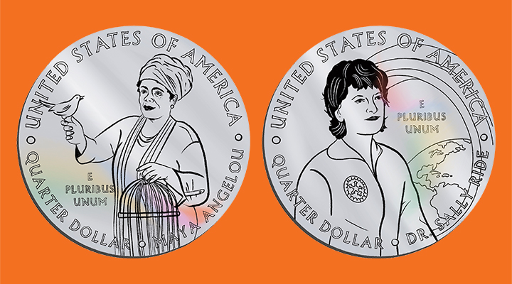 An illustration of a woman with a cage and bird and a woman above the Earth on two coins
