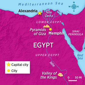 Map of Egypt pinpointing the capital city and the Valley of the Kings