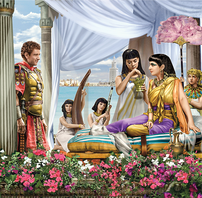 Enlargeable illustration of a man in armor standing in front of a woman and her servants