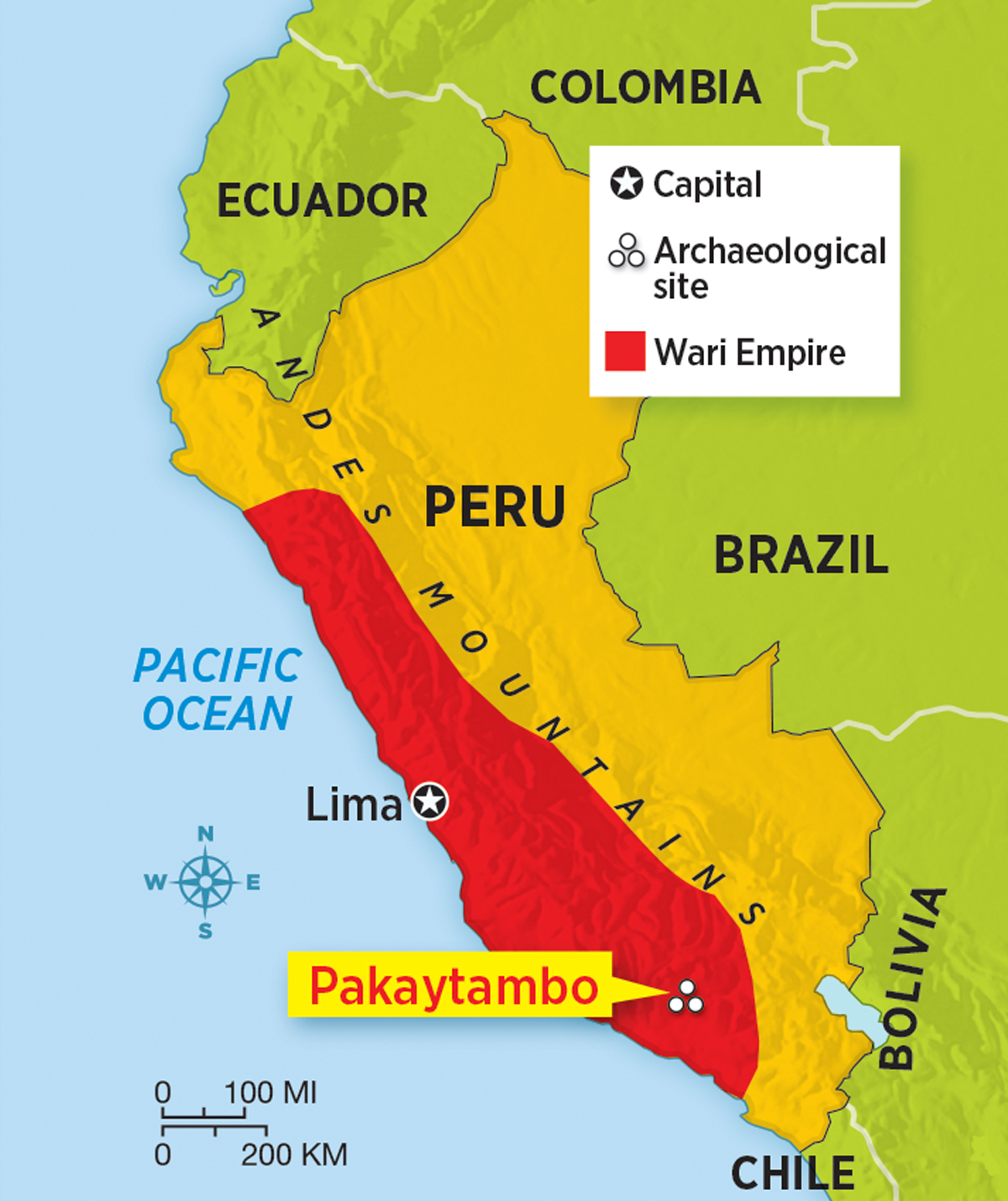 Map of Peru showing its capital, the Wari Empire, and location of Pakaytambo