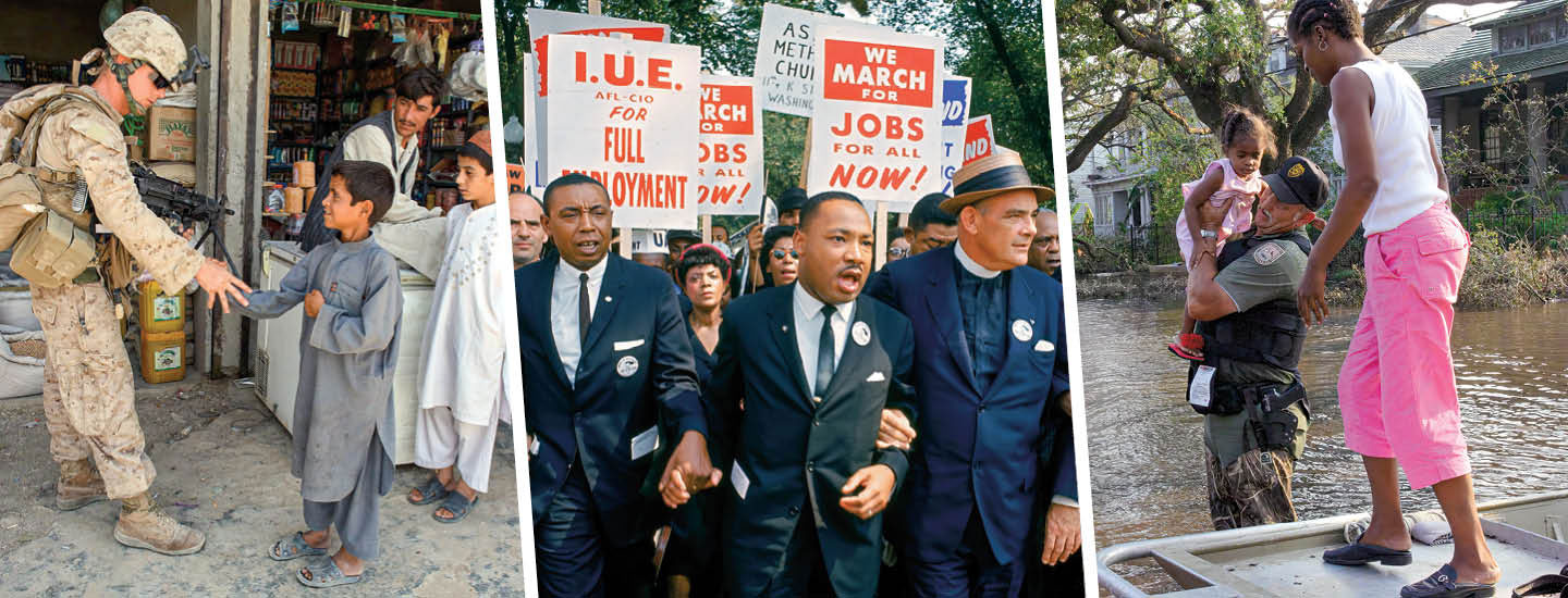 Three images: a soldier shaking a child&apos;s hand, MLK Jr. protesting, and mother & child being rescued