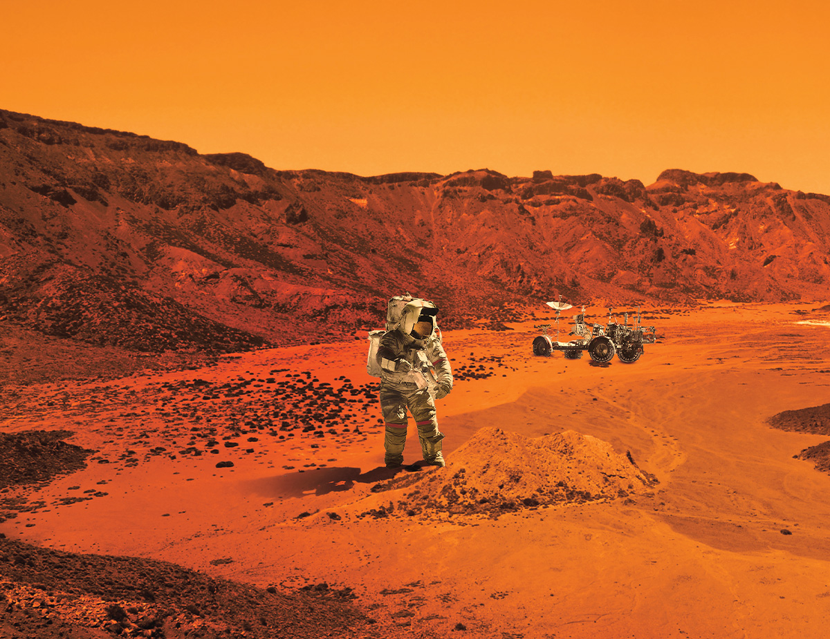 Image of an astronaut and space rover on Mars