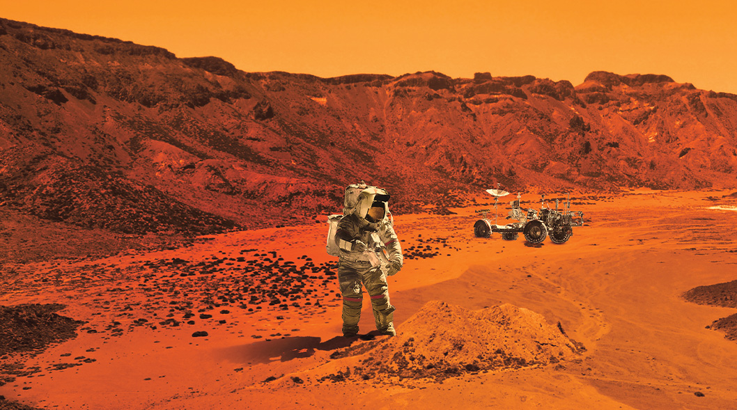 Image of an astronaut and space rover on Mars