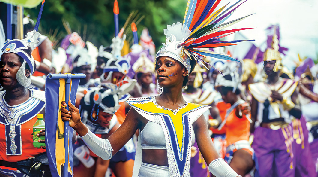 Photo of a crowd of people dressed up in colorful costumes