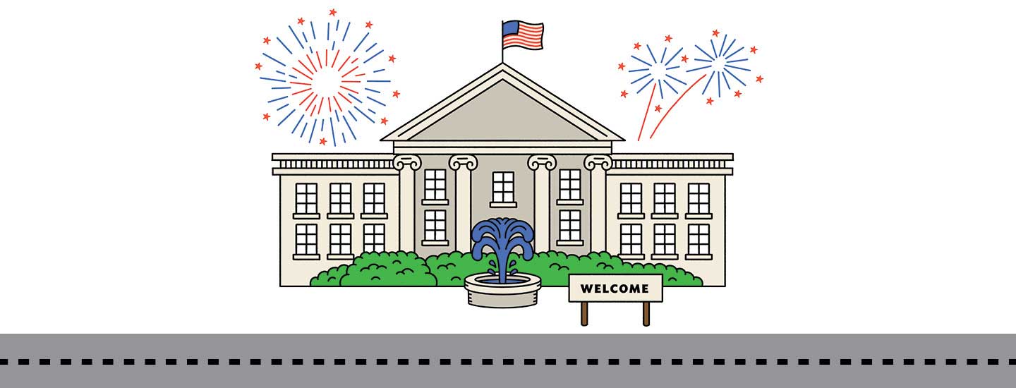 Illustration of the White House with fireworks in background