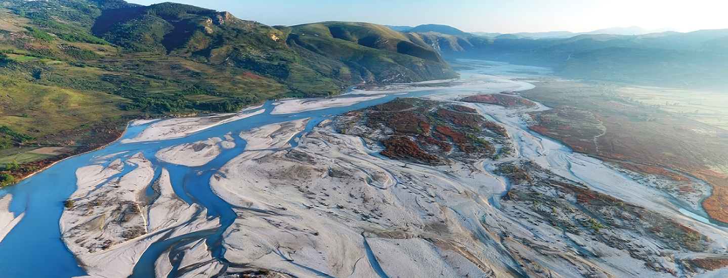 Bird&apos;s eye view of river in northwestern Greece and southwestern Albania