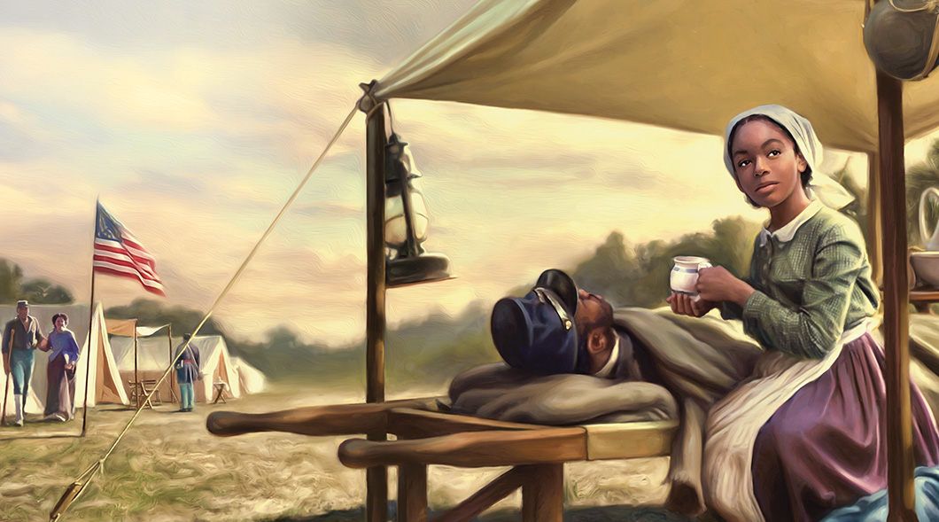 Digital illustration of Susie King Taylor help a wounded soldier