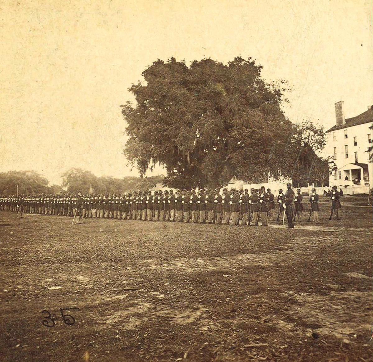 Sepia tone image of U.S. troops lined up in a row wearing their uniforms