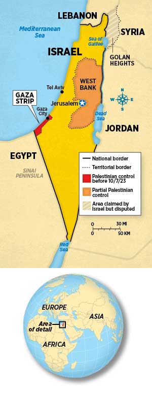 World map highlighting Israel, Gaza Strip and borders before 10/7/23