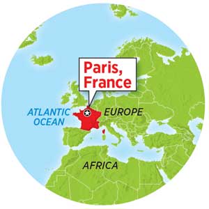 World map highlighting Paris, France