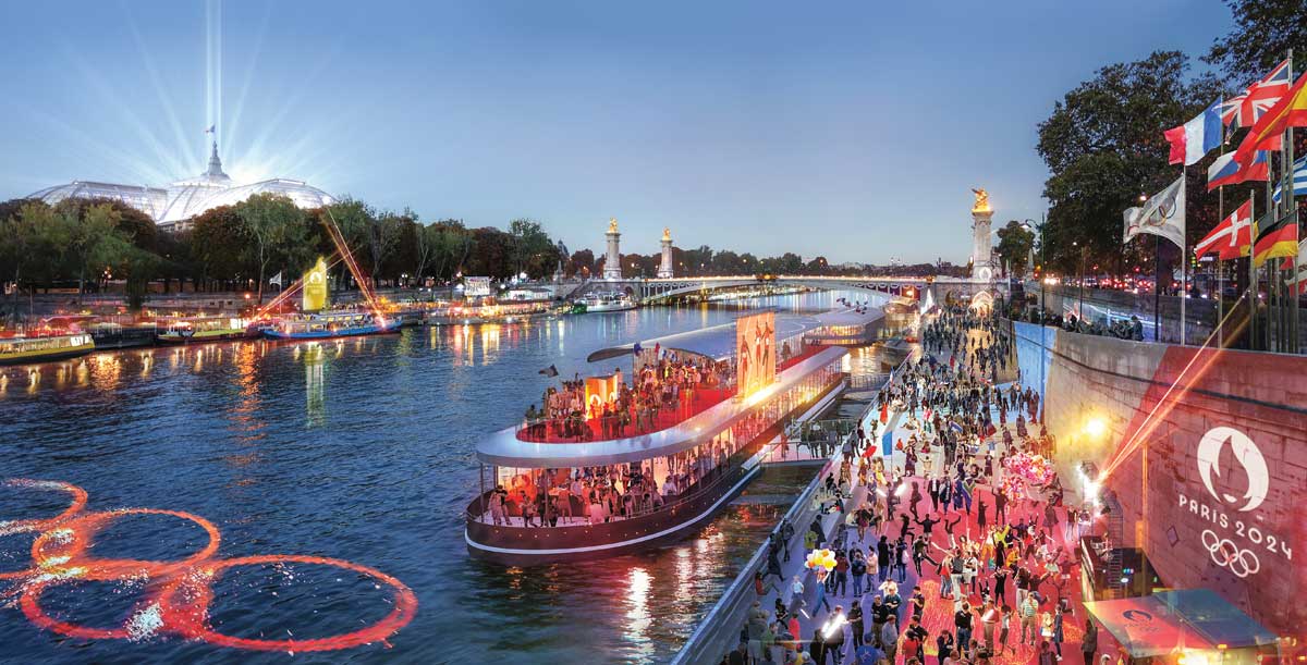 Photo of the Seine River in Paris decorated for the Olympics