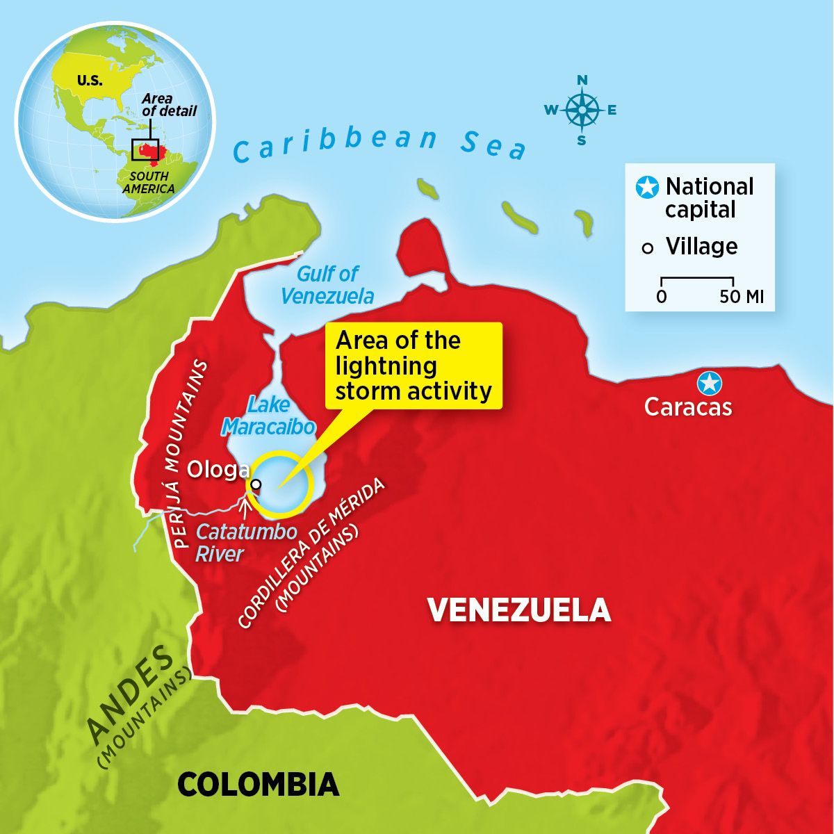 Map of Venezuela, its national capital, and area of lightning storm activity