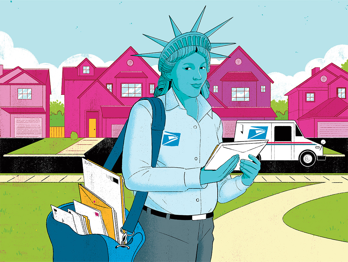Illustration of the Statue of Liberty dressed as a post office worker