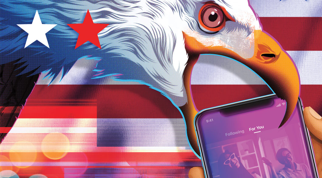 Image of American Eagle taking a phone with TikTok on the screen in its beak