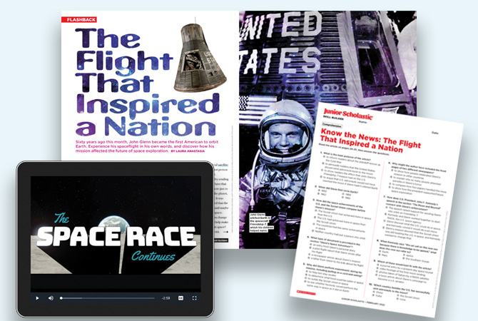 article spread, worksheet, and a video playing on a tablet
