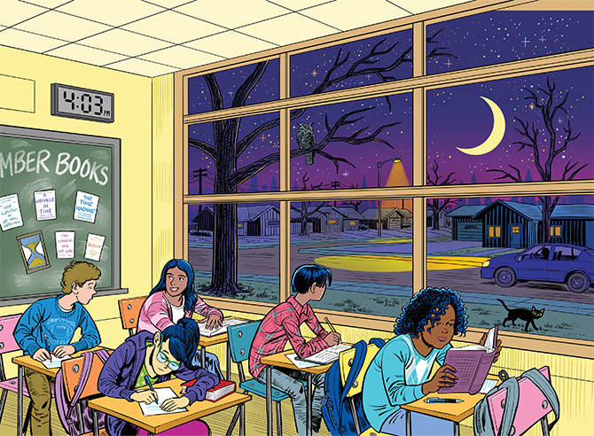 Enlargeable illustration of students working in a classroom while through window it&apos;s nighttime