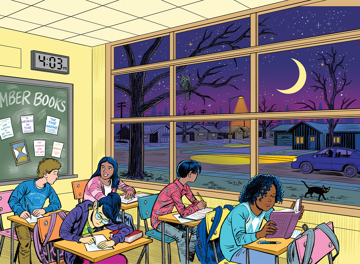 Illustration of students working in a classroom while through window it&apos;s nighttime outside