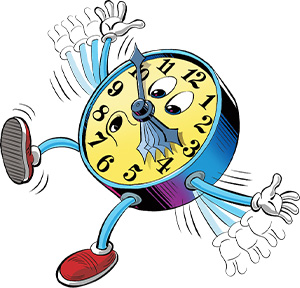 Illustration of a clock with arms and legs appearing to tip over