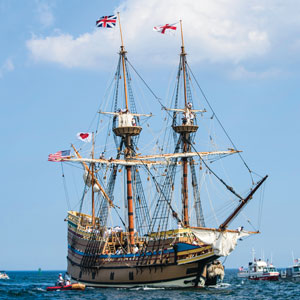 Image of a replica of the Mayflower ship